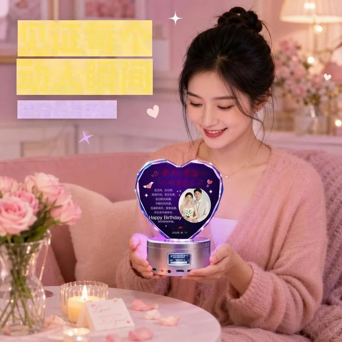 Custom Crystal Heart Night Light with Engraved Message (Anniversary / Birthday) - detail 4